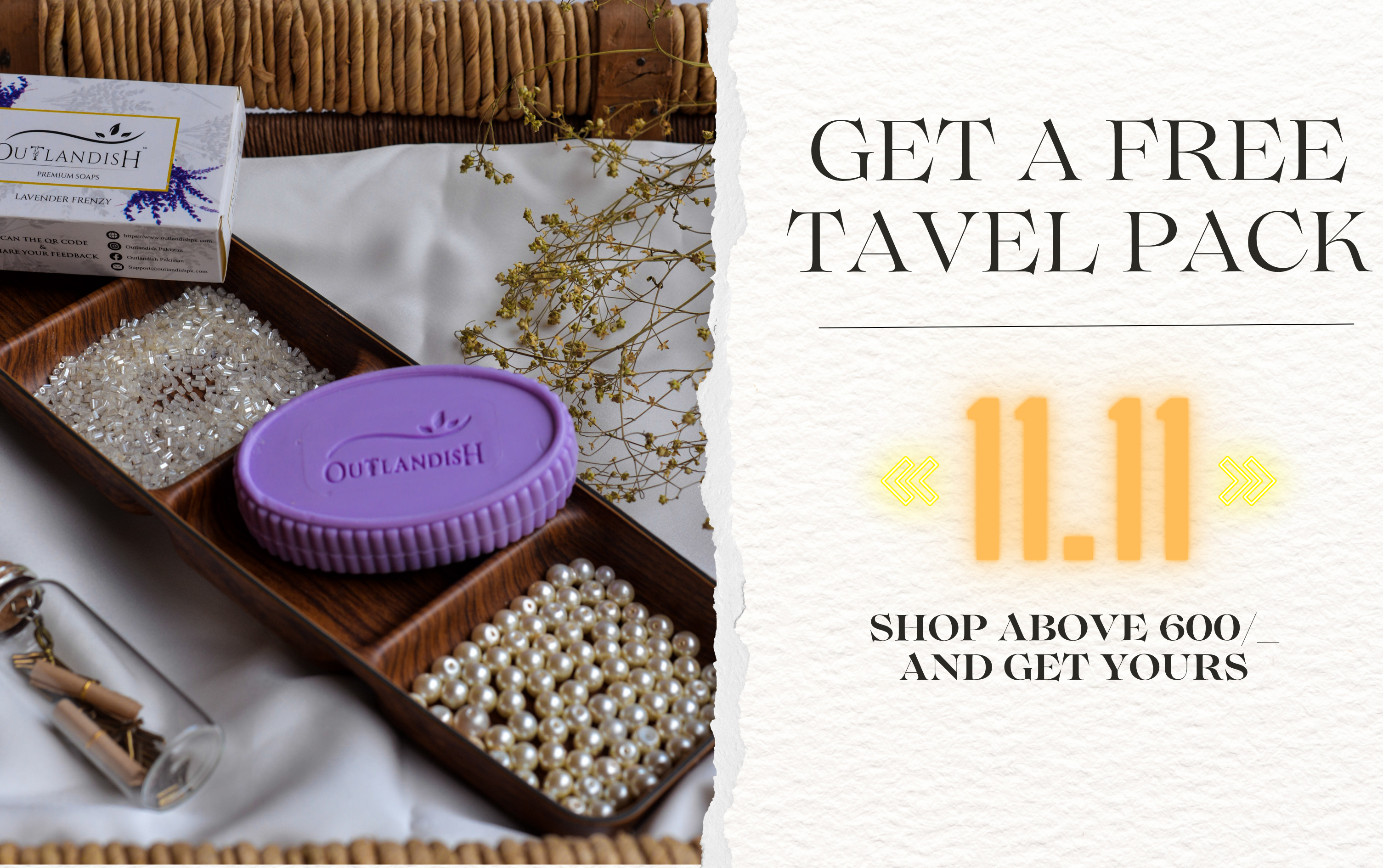 Product display with a purple container and wooden tray, accompanied by promotional text for a free travel pack offer.slider_item_bcqm3F